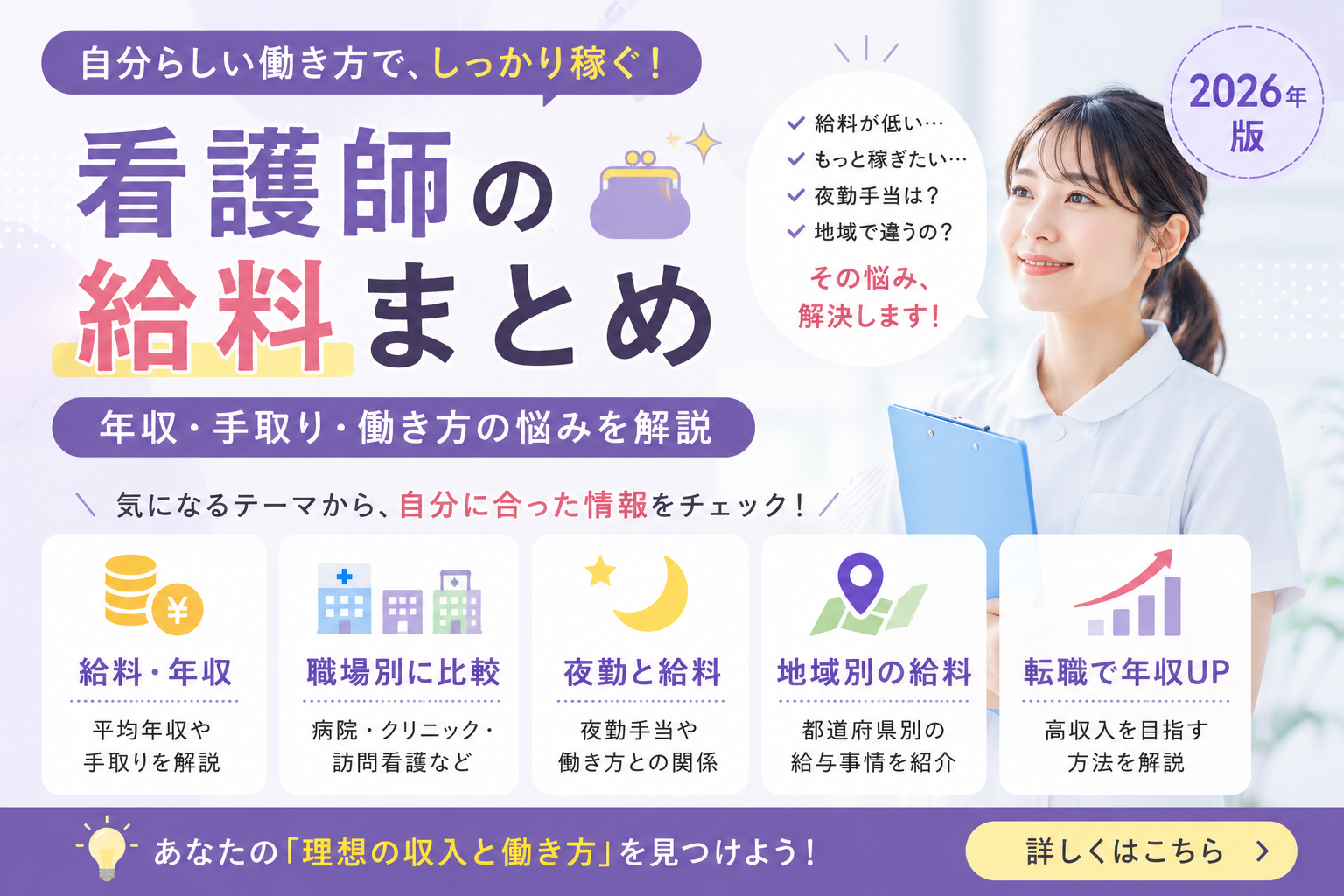 看護師の給料や年収、手取りの悩みをまとめたハブページのアイキャッチ画像