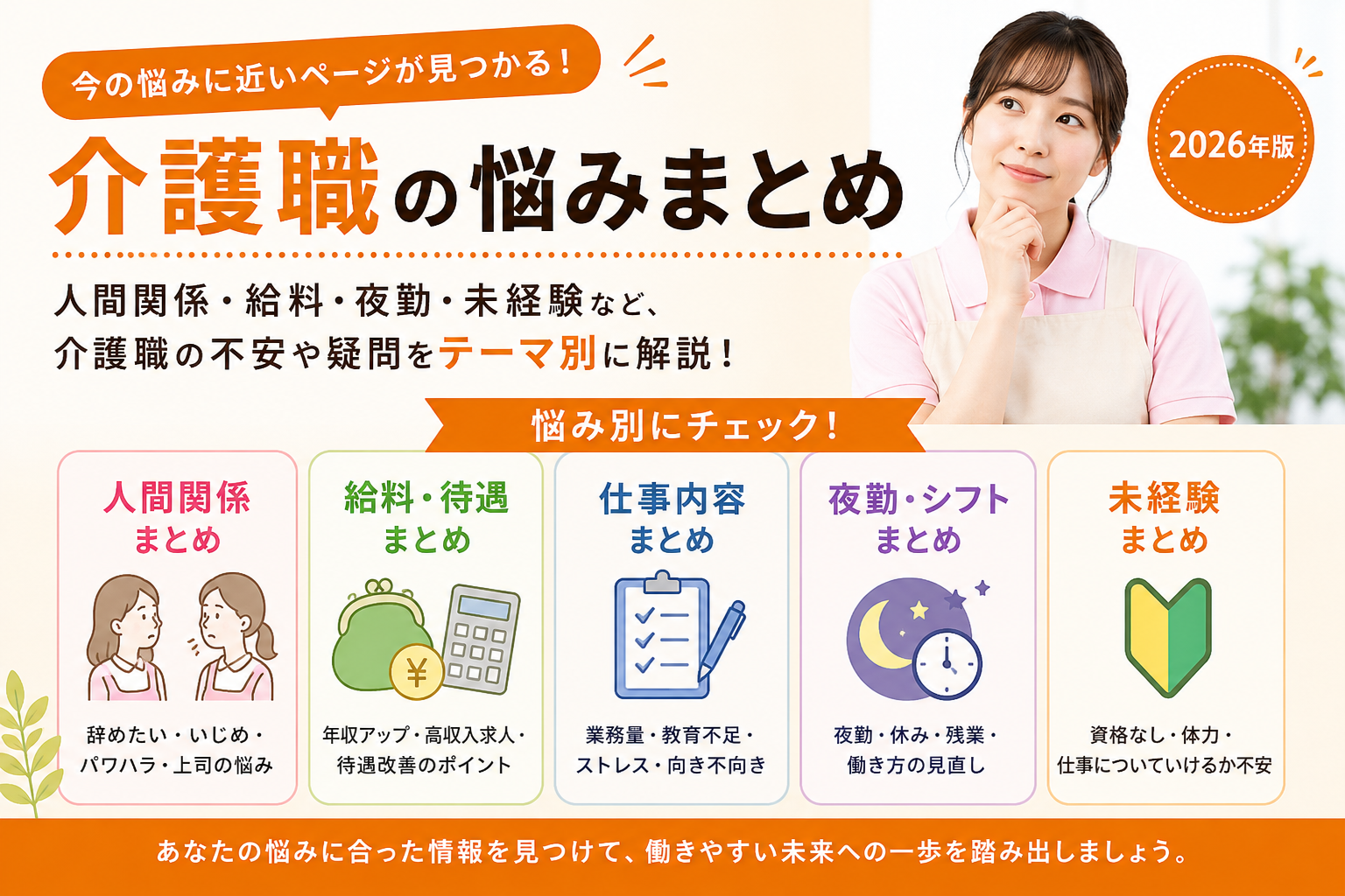 介護職の人間関係・給料・夜勤・未経験などの悩みをまとめた総合ハブページのアイキャッチ画像